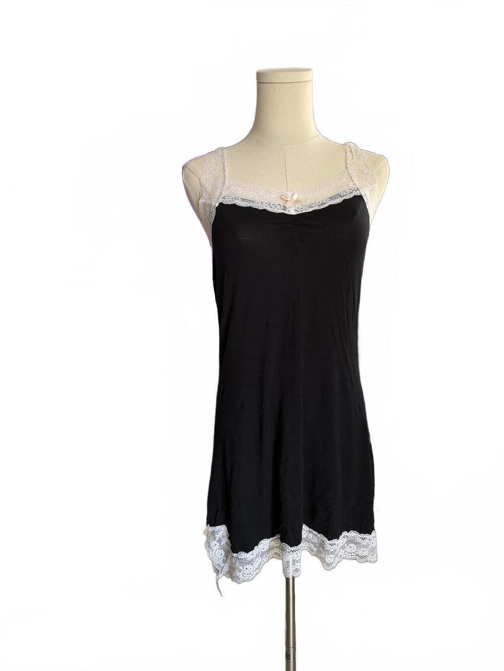 Nordstroms Honeydew Black Lace Trim Slip Dress with Bow Accent